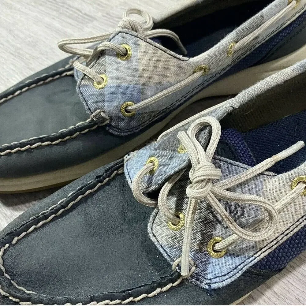 Sperry Top Sider Navy Blue Plaid Boat Shoes Loafers Leather Upper Size 7M